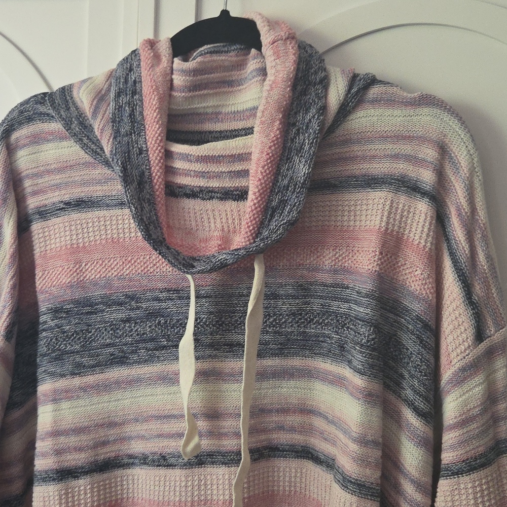 Striped Cotton Linen Blend Knit Sweater - Pink & Gray - Picture 2 of 12